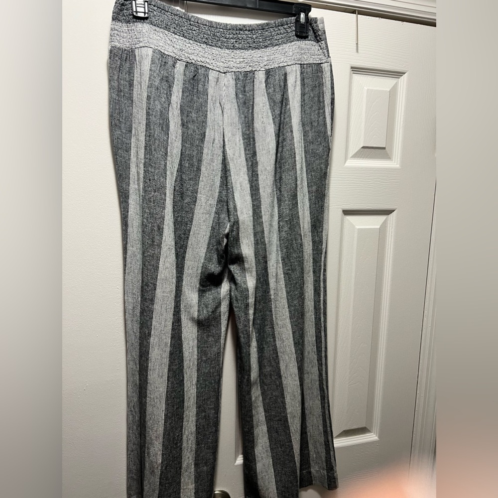Black and white striped dress pants, linen/rayon blend.